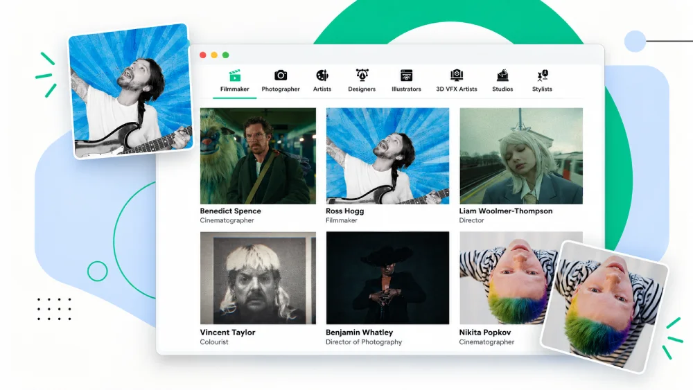 Floating portfolio browser with photo tiles