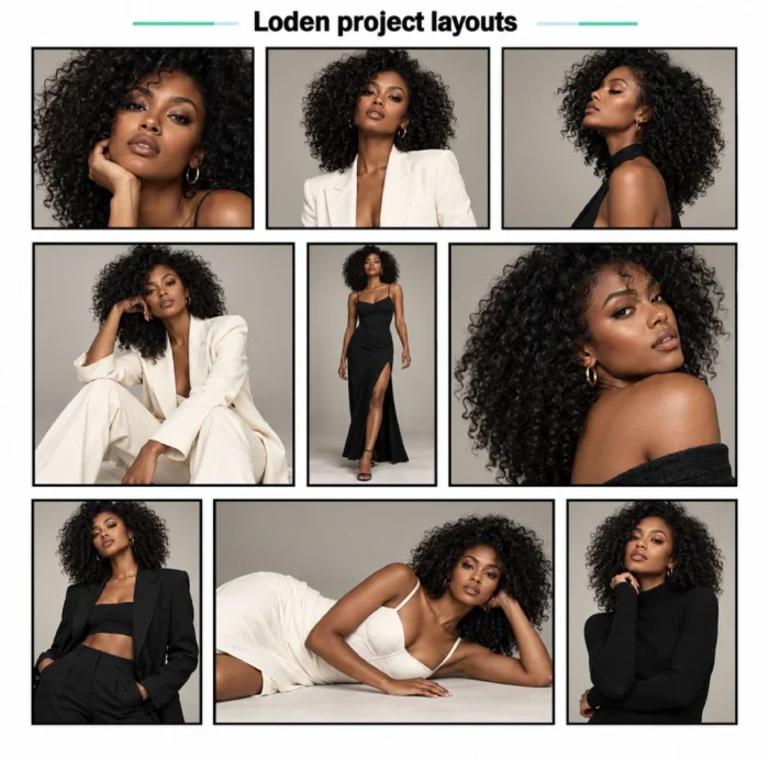 Nine-panel high-fashion editorial portfolio